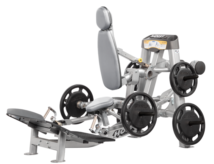 Hoist plate loaded hack squat machine with multi-function design for squats, deadlifts, and shrugs with adjustable foot platform and shoulder pads
