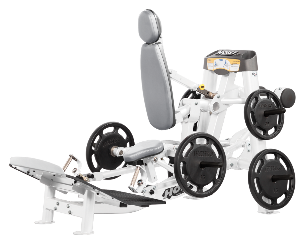 Hoist plate loaded hack squat machine with multi-function design for squats, deadlifts, and shrugs with adjustable foot platform and shoulder pads