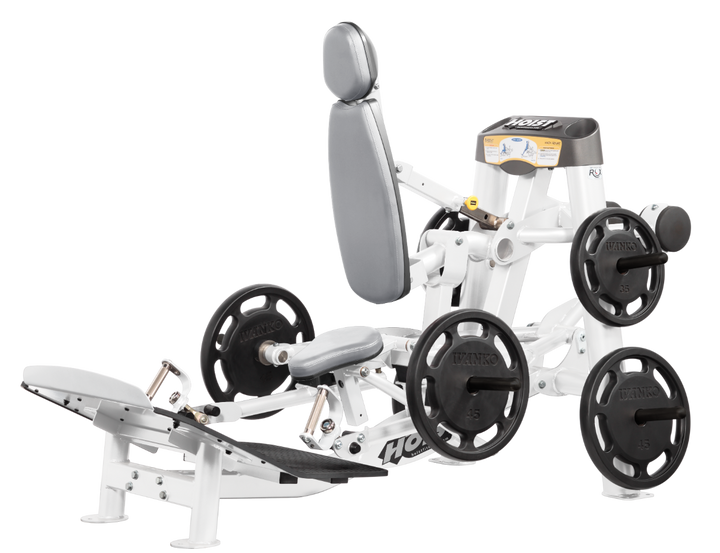 Hoist plate loaded hack squat machine with multi-function design for squats, deadlifts, and shrugs with adjustable foot platform and shoulder pads