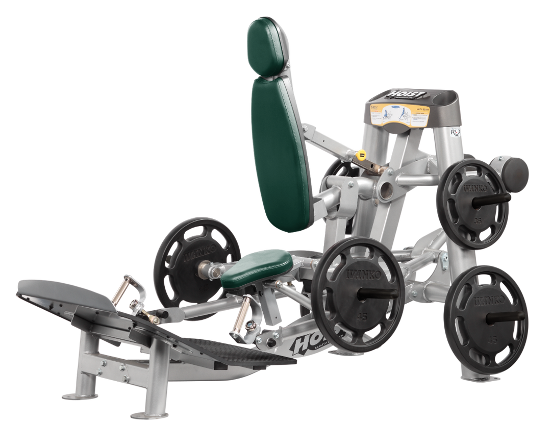 Hoist plate loaded hack squat machine with multi-function design for squats, deadlifts, and shrugs with adjustable foot platform and shoulder pads
