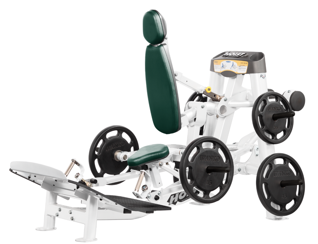 Hoist plate loaded hack squat machine with multi-function design for squats, deadlifts, and shrugs with adjustable foot platform and shoulder pads