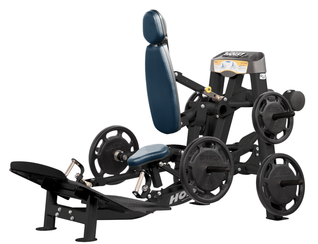 Hoist plate loaded hack squat machine with multi-function design for squats, deadlifts, and shrugs with adjustable foot platform and shoulder pads