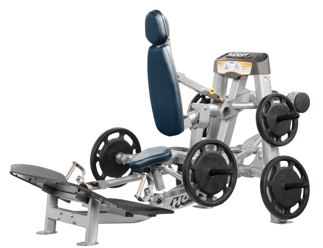 Hoist plate loaded hack squat machine with multi-function design for squats, deadlifts, and shrugs with adjustable foot platform and shoulder pads