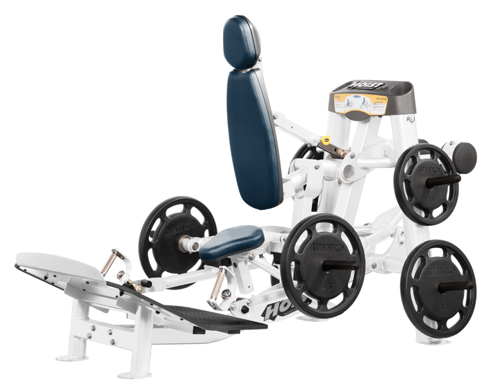 Hoist plate loaded hack squat machine with multi-function design for squats, deadlifts, and shrugs with adjustable foot platform and shoulder pads