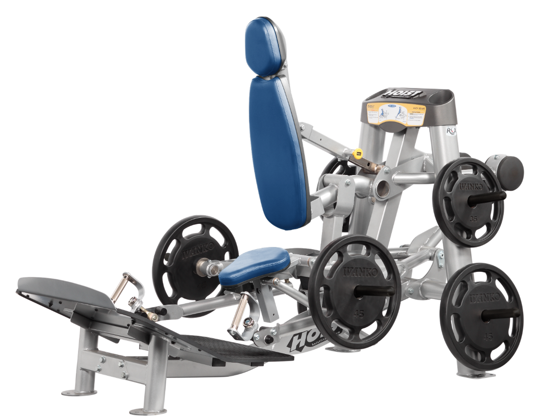 Hoist plate loaded hack squat machine with multi-function design for squats, deadlifts, and shrugs with adjustable foot platform and shoulder pads