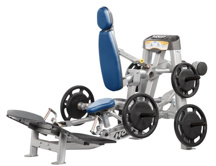 Hoist plate loaded hack squat machine with multi-function design for squats, deadlifts, and shrugs with adjustable foot platform and shoulder pads