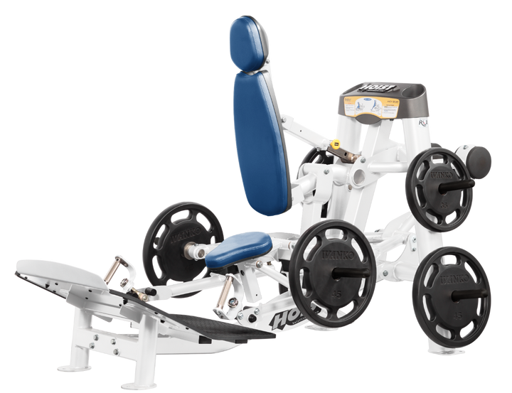 Hoist plate loaded hack squat machine with multi-function design for squats, deadlifts, and shrugs with adjustable foot platform and shoulder pads