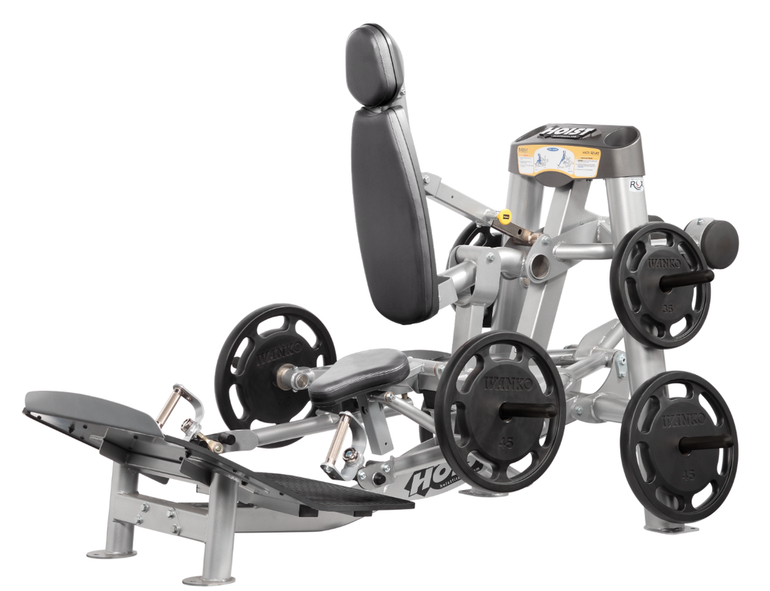 Hoist plate loaded hack squat machine with multi-function design for squats, deadlifts, and shrugs with adjustable foot platform and shoulder pads
