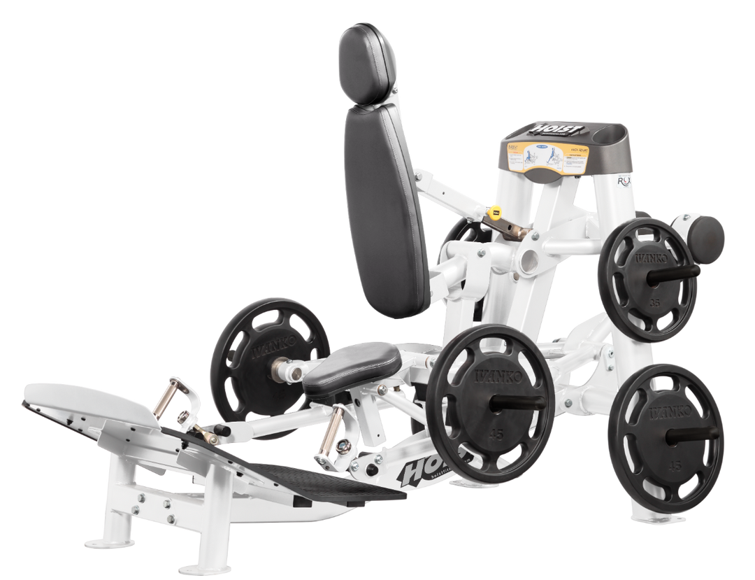 Hoist plate loaded hack squat machine with multi-function design for squats, deadlifts, and shrugs with adjustable foot platform and shoulder pads