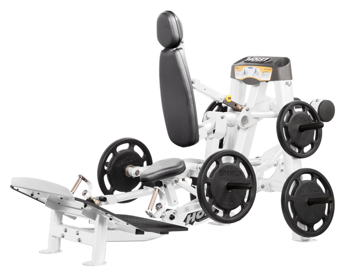 Hoist plate loaded hack squat machine with multi-function design for squats, deadlifts, and shrugs with adjustable foot platform and shoulder pads