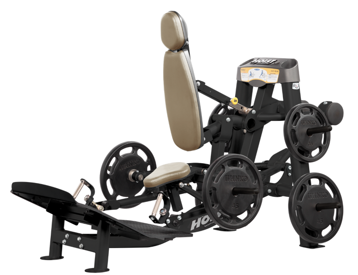 Hoist plate loaded hack squat machine with multi-function design for squats, deadlifts, and shrugs with adjustable foot platform and shoulder pads