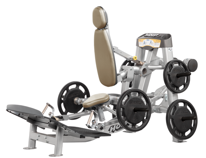 Hoist plate loaded hack squat machine with multi-function design for squats, deadlifts, and shrugs with adjustable foot platform and shoulder pads