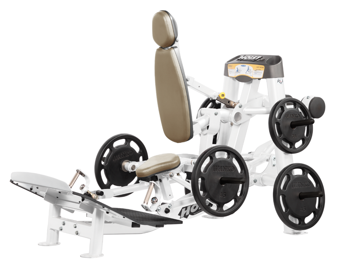 Hoist plate loaded hack squat machine with multi-function design for squats, deadlifts, and shrugs with adjustable foot platform and shoulder pads