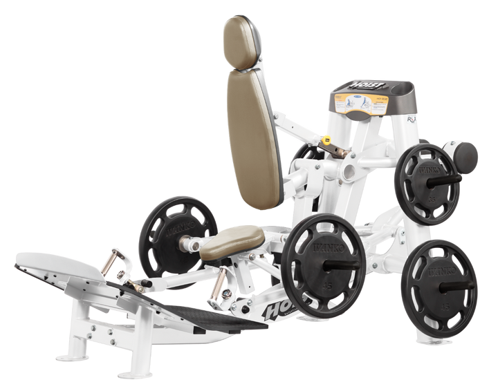 Hoist plate loaded hack squat machine with multi-function design for squats, deadlifts, and shrugs with adjustable foot platform and shoulder pads