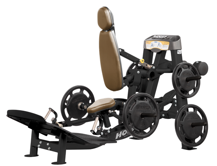 Hoist plate loaded hack squat machine with multi-function design for squats, deadlifts, and shrugs with adjustable foot platform and shoulder pads