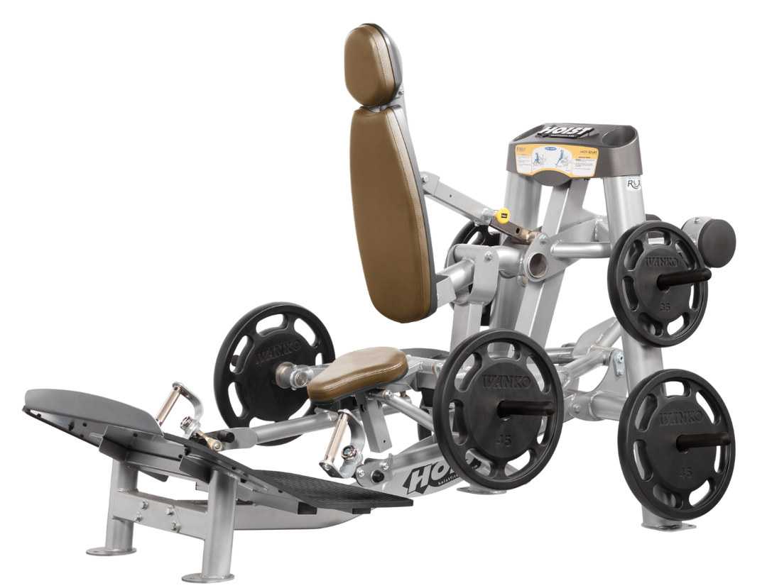 Hoist plate loaded hack squat machine with multi-function design for squats, deadlifts, and shrugs with adjustable foot platform and shoulder pads