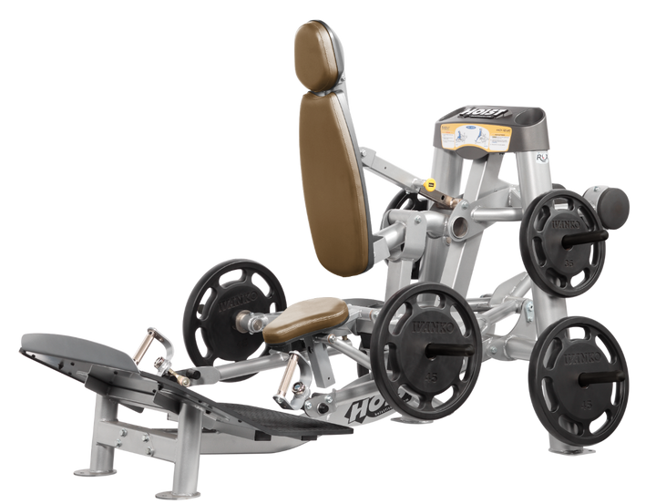 Hoist plate loaded hack squat machine with multi-function design for squats, deadlifts, and shrugs with adjustable foot platform and shoulder pads