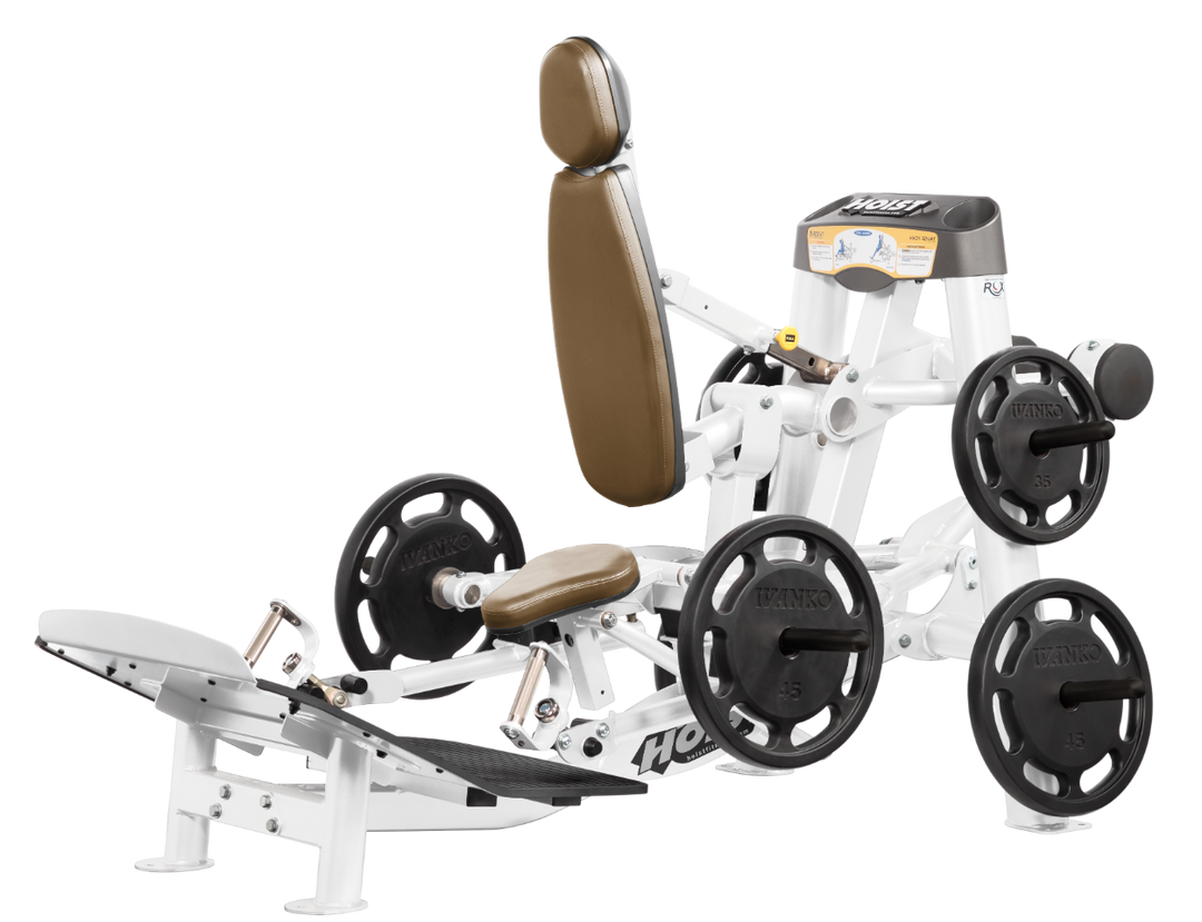 Hoist plate loaded hack squat machine with multi-function design for squats, deadlifts, and shrugs with adjustable foot platform and shoulder pads