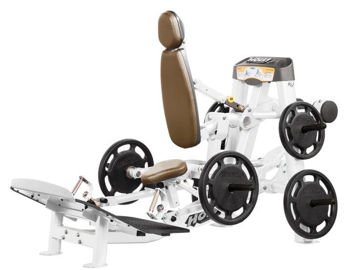 Hoist plate loaded hack squat machine with multi-function design for squats, deadlifts, and shrugs with adjustable foot platform and shoulder pads