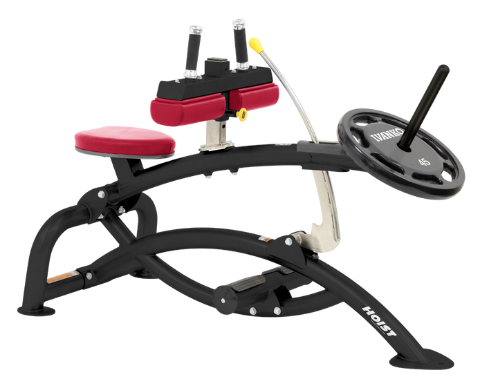 Hoist plate loaded seated calf raise machine with thigh pads, foot platform, and weight plate horn for calf muscle training