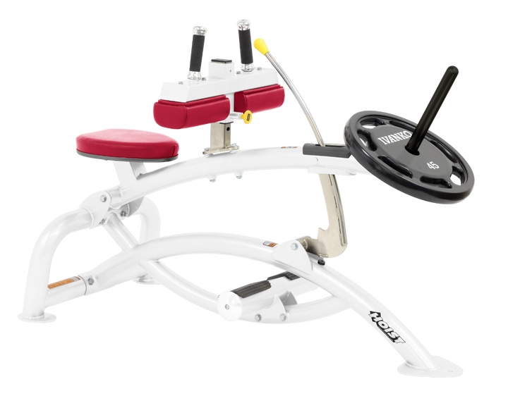 Hoist plate loaded seated calf raise machine with thigh pads, foot platform, and weight plate horn for calf muscle training