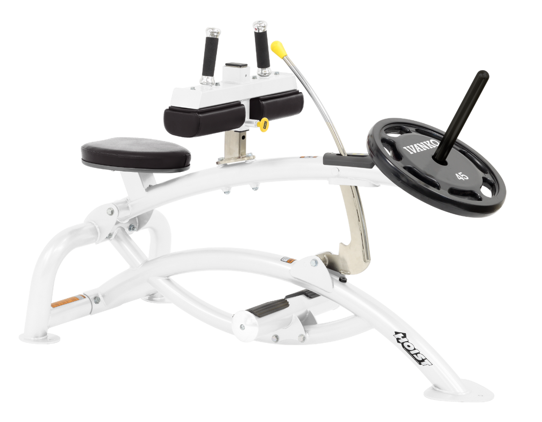 Hoist plate loaded seated calf raise machine with thigh pads, foot platform, and weight plate horn for calf muscle training