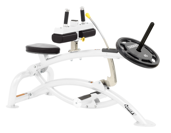 Hoist plate loaded seated calf raise machine with thigh pads, foot platform, and weight plate horn for calf muscle training