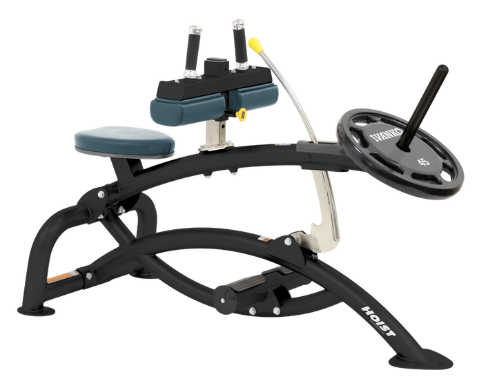 Hoist plate loaded seated calf raise machine with thigh pads, foot platform, and weight plate horn for calf muscle training