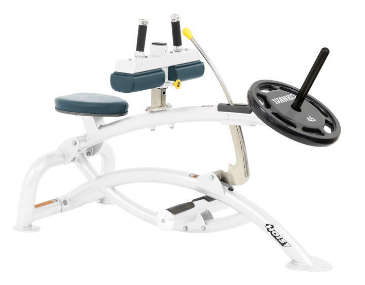 Hoist plate loaded seated calf raise machine with thigh pads, foot platform, and weight plate horn for calf muscle training