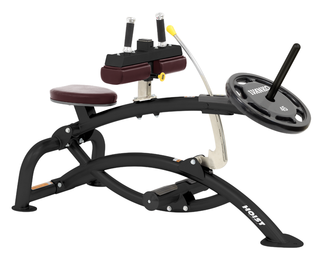 Hoist plate loaded seated calf raise machine with thigh pads, foot platform, and weight plate horn for calf muscle training