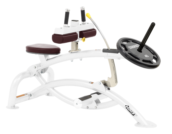 Hoist plate loaded seated calf raise machine with thigh pads, foot platform, and weight plate horn for calf muscle training