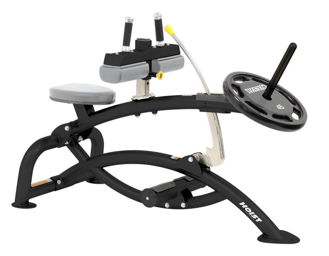 Hoist plate loaded seated calf raise machine with thigh pads, foot platform, and weight plate horn for calf muscle training