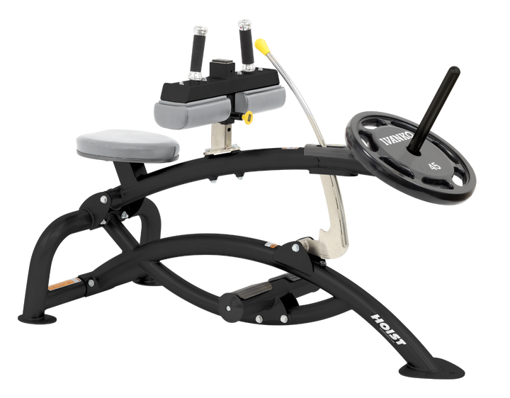 Hoist plate loaded seated calf raise machine with thigh pads, foot platform, and weight plate horn for calf muscle training