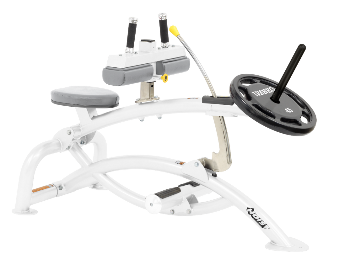 Hoist plate loaded seated calf raise machine with thigh pads, foot platform, and weight plate horn for calf muscle training