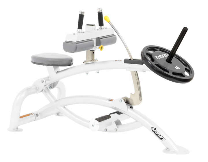Hoist plate loaded seated calf raise machine with thigh pads, foot platform, and weight plate horn for calf muscle training
