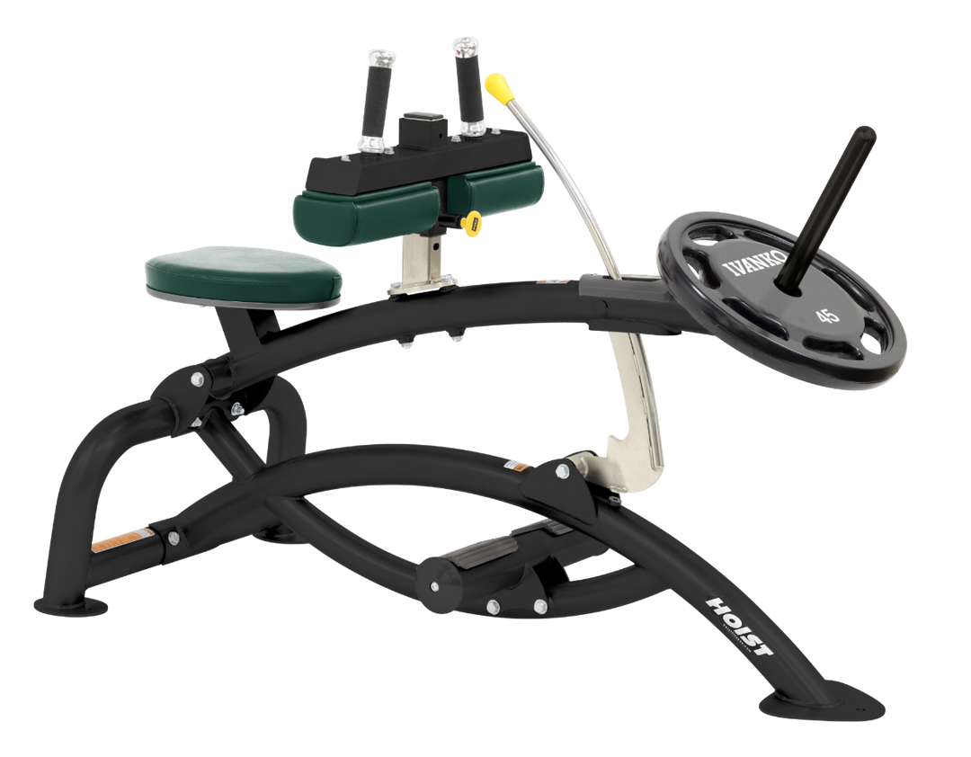 Hoist plate loaded seated calf raise machine with thigh pads, foot platform, and weight plate horn for calf muscle training