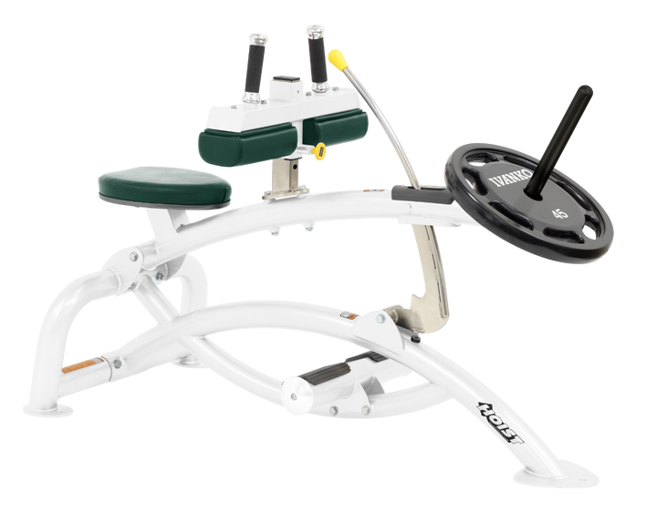 Hoist plate loaded seated calf raise machine with thigh pads, foot platform, and weight plate horn for calf muscle training