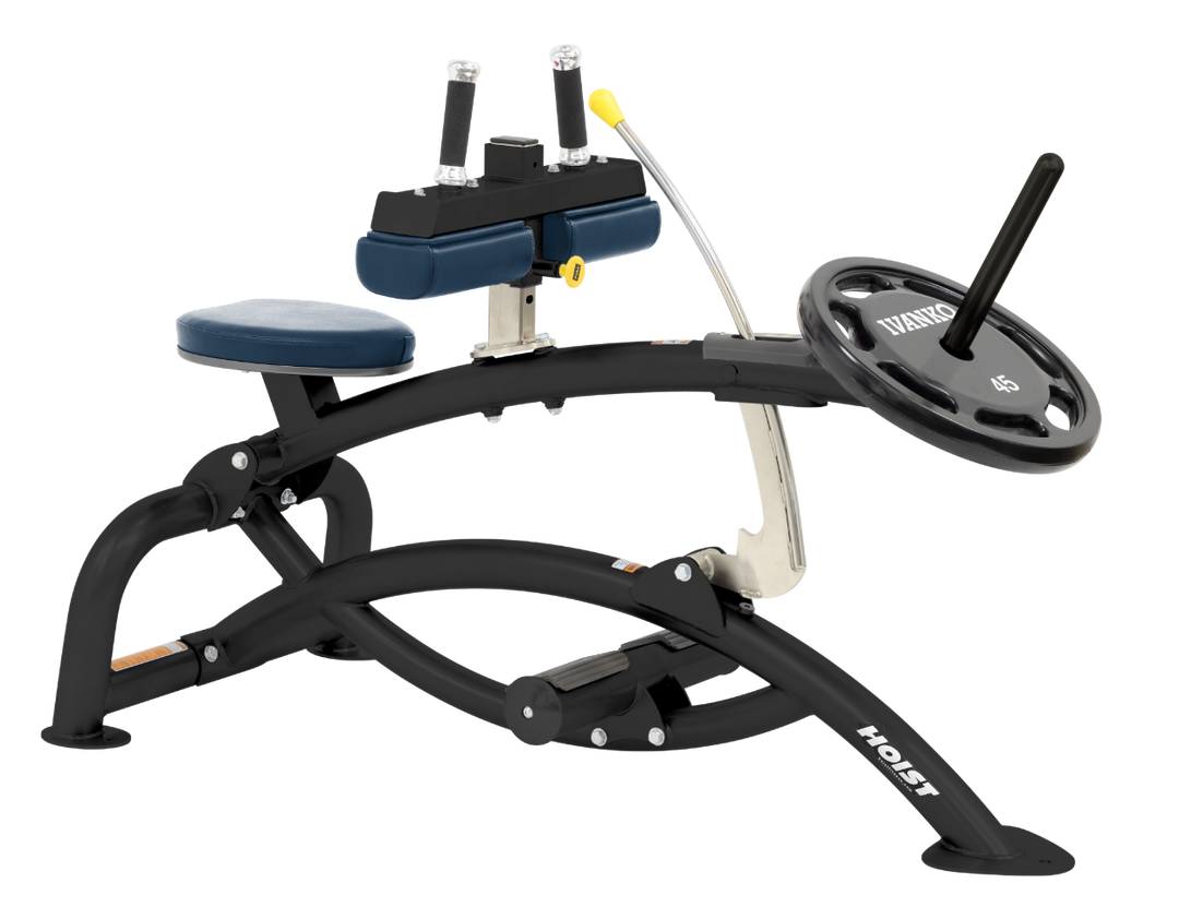 Hoist plate loaded seated calf raise machine with thigh pads, foot platform, and weight plate horn for calf muscle training