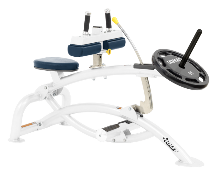Hoist plate loaded seated calf raise machine with thigh pads, foot platform, and weight plate horn for calf muscle training