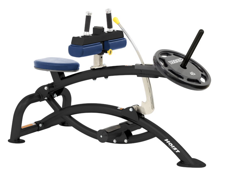 Hoist plate loaded seated calf raise machine with thigh pads, foot platform, and weight plate horn for calf muscle training