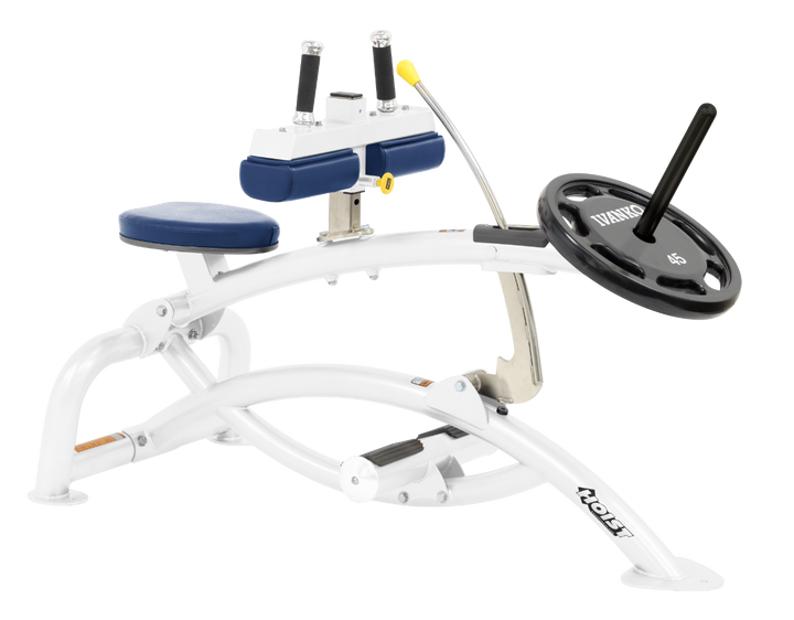 Hoist plate loaded seated calf raise machine with thigh pads, foot platform, and weight plate horn for calf muscle training