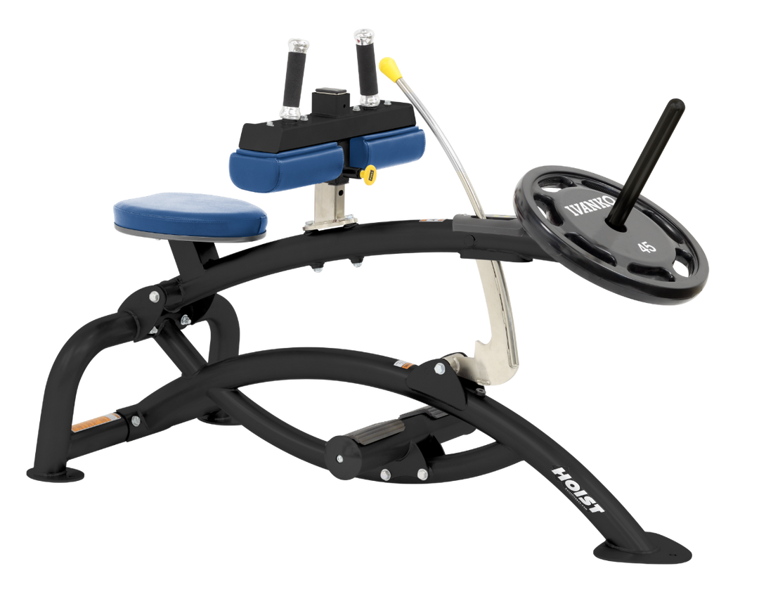 Hoist plate loaded seated calf raise machine with thigh pads, foot platform, and weight plate horn for calf muscle training