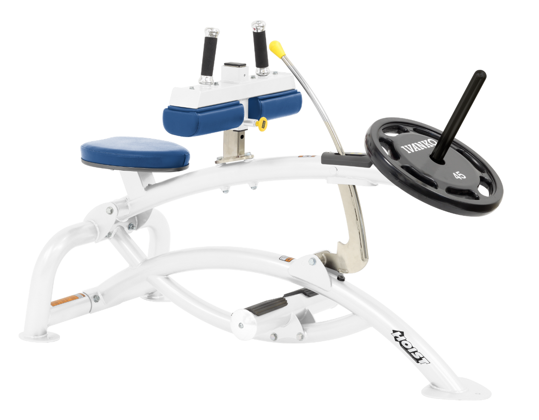 Hoist plate loaded seated calf raise machine with thigh pads, foot platform, and weight plate horn for calf muscle training