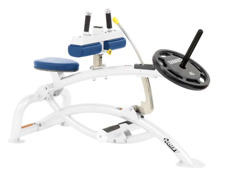 Hoist plate loaded seated calf raise machine with thigh pads, foot platform, and weight plate horn for calf muscle training