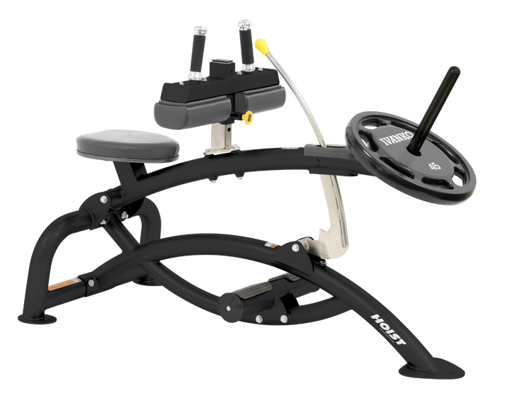Hoist plate loaded seated calf raise machine with thigh pads, foot platform, and weight plate horn for calf muscle training