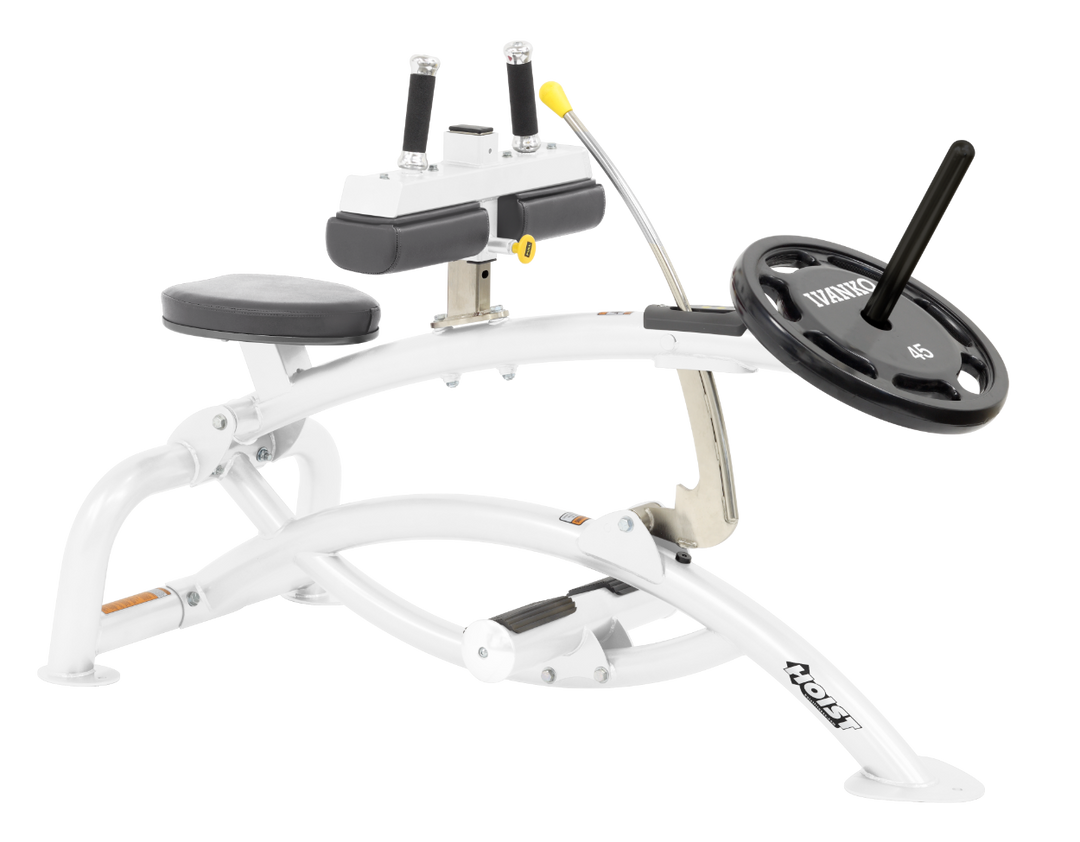 Hoist plate loaded seated calf raise machine with thigh pads, foot platform, and weight plate horn for calf muscle training