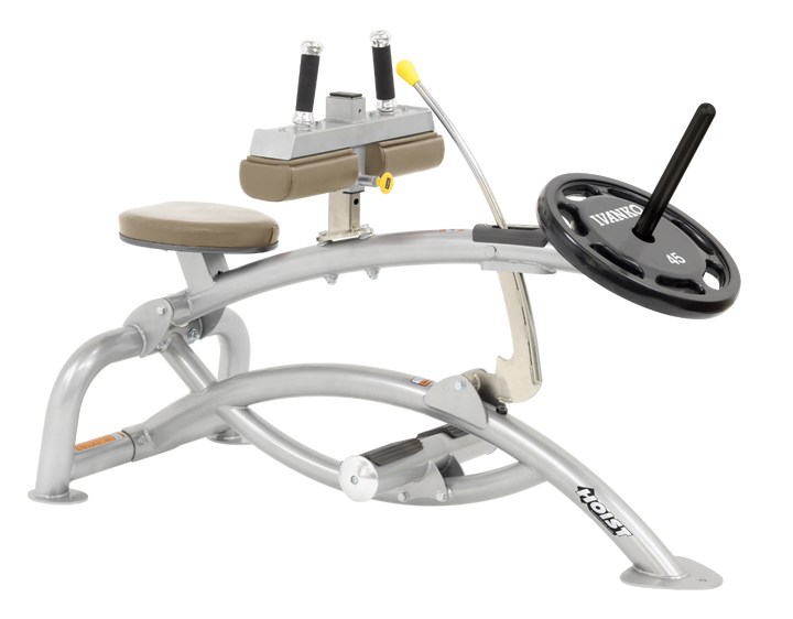 Hoist plate loaded seated calf raise machine with thigh pads, foot platform, and weight plate horn for calf muscle training