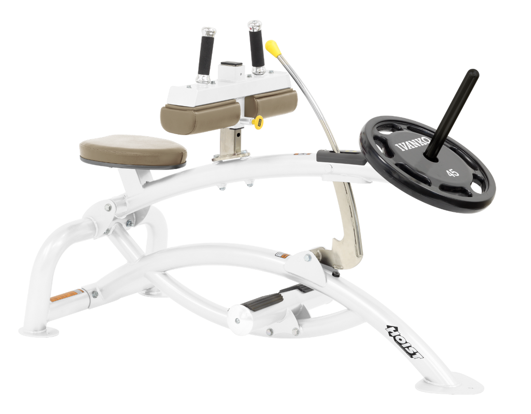 Hoist plate loaded seated calf raise machine with thigh pads, foot platform, and weight plate horn for calf muscle training