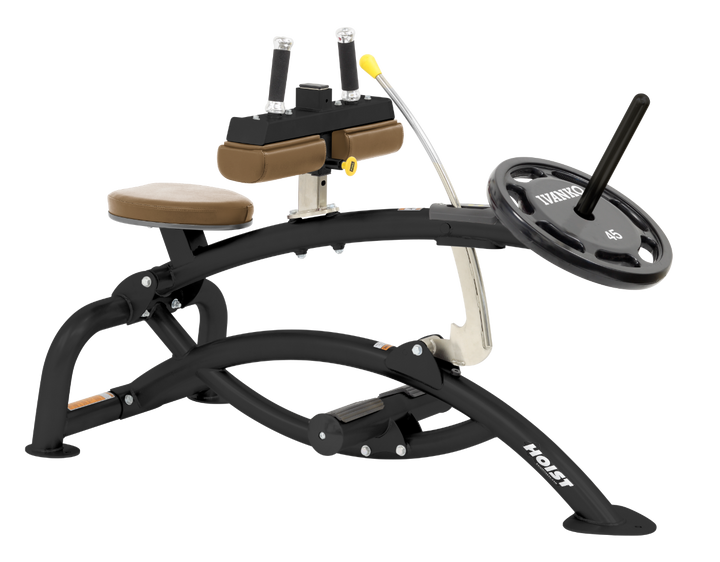 Hoist plate loaded seated calf raise machine with thigh pads, foot platform, and weight plate horn for calf muscle training