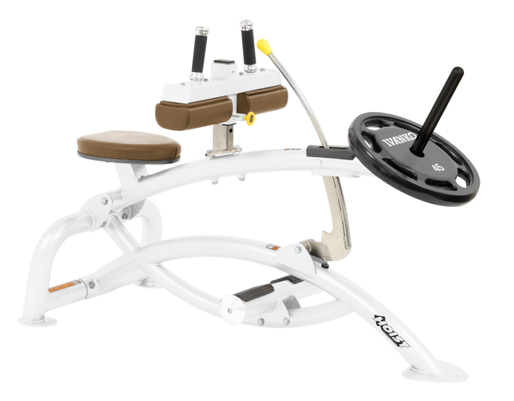 Hoist plate loaded seated calf raise machine with thigh pads, foot platform, and weight plate horn for calf muscle training
